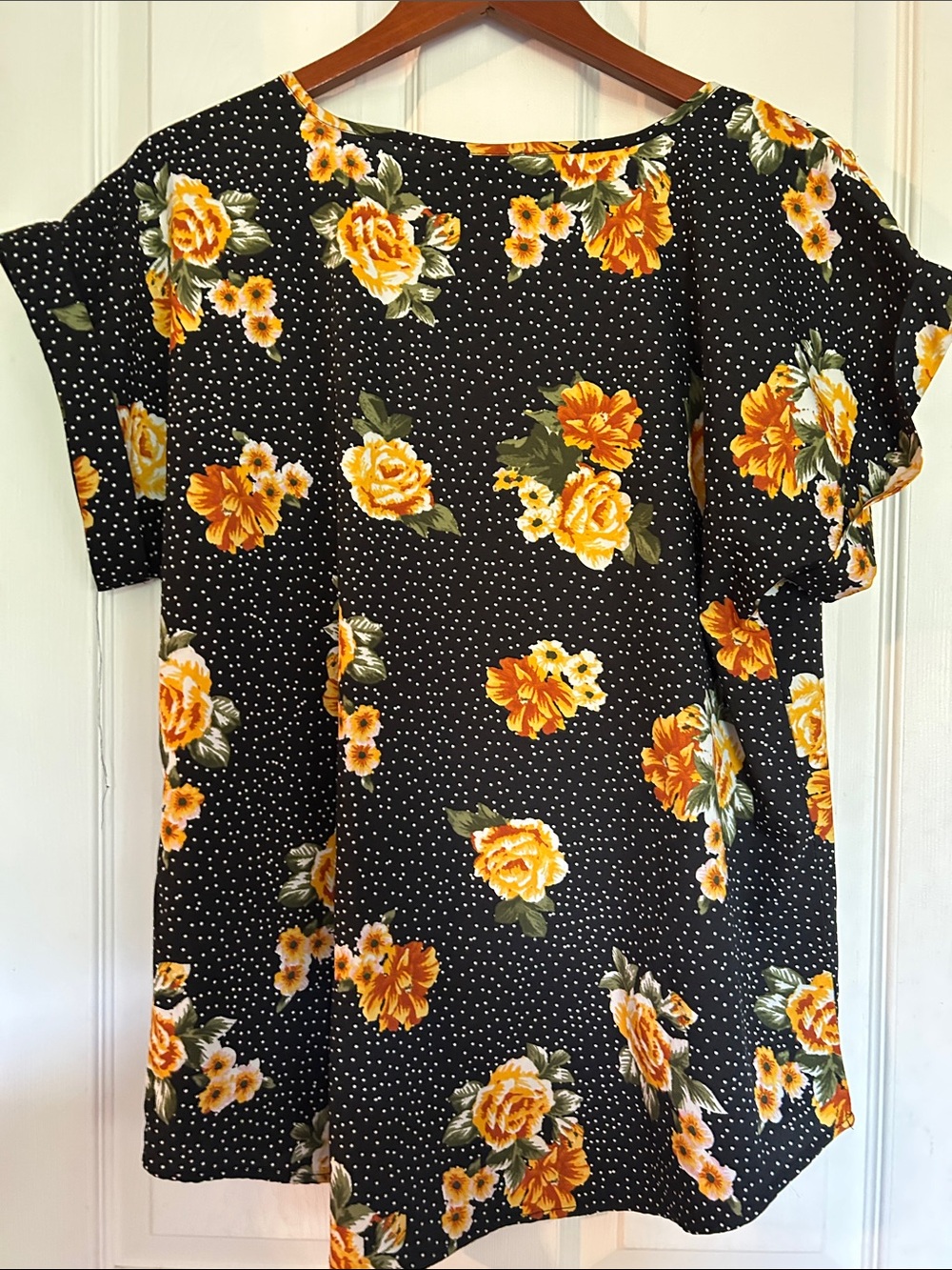 Women's Black Short Sleeve Floral Tee with Yellow Rose Print - Picture 6 of 6